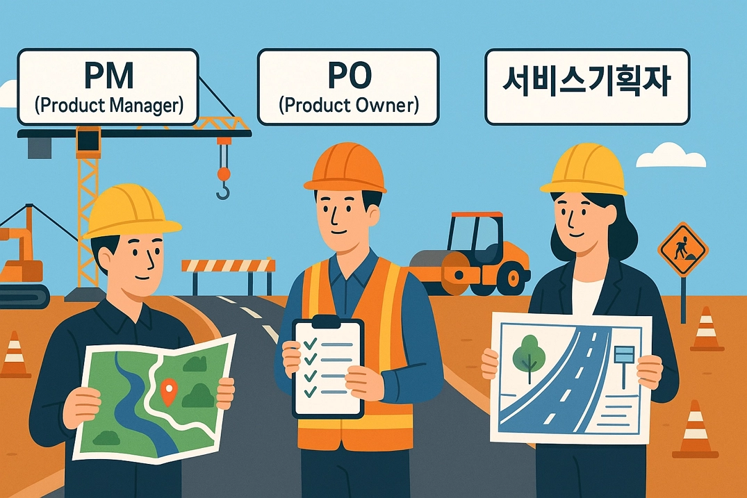 대한민국 PM, PO, 서비스기획자의 차이와 역할을 도로 건설 비유로 설명한 인포그래픽