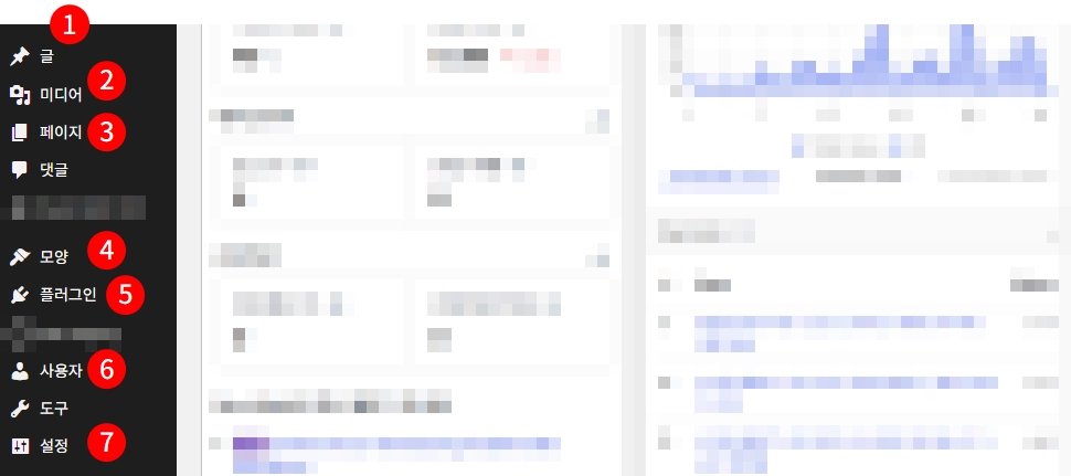 워드프레스 관리자 왼쪽 사이드 메뉴 구성 – 글, 미디어, 페이지, 모양, 플러그인, 사용자, 설정