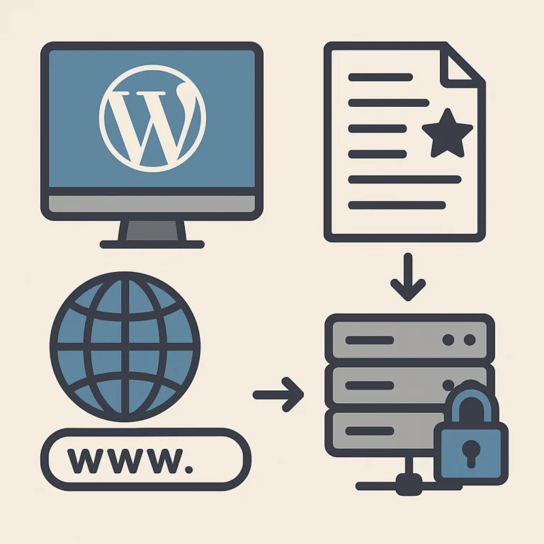 워드프레스와 웹페이지가 서버에 저장되서 인터넷에 노출되는 흐름을 보여주는 이미지