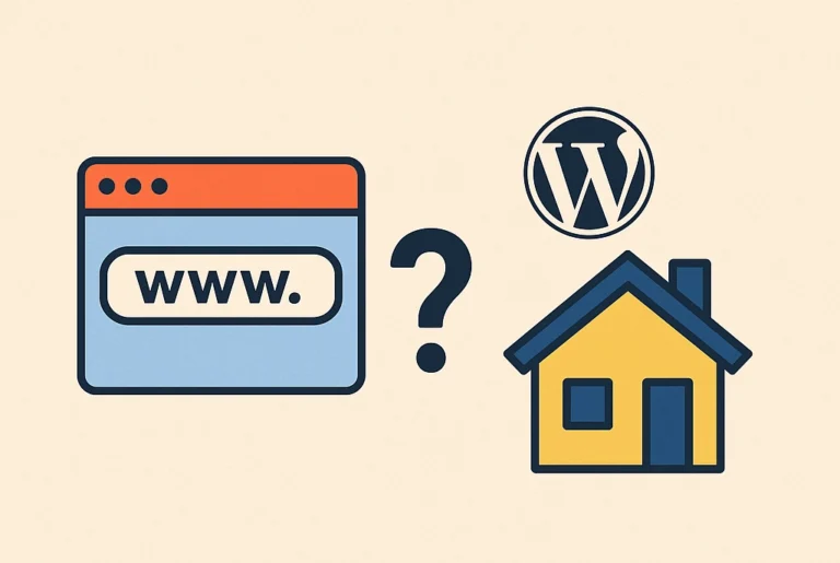 워드프레스 로고와 웹브라우저에 www도메인이 입력된 모양과 호스팅을 상징하는 집 모양의 아이콘