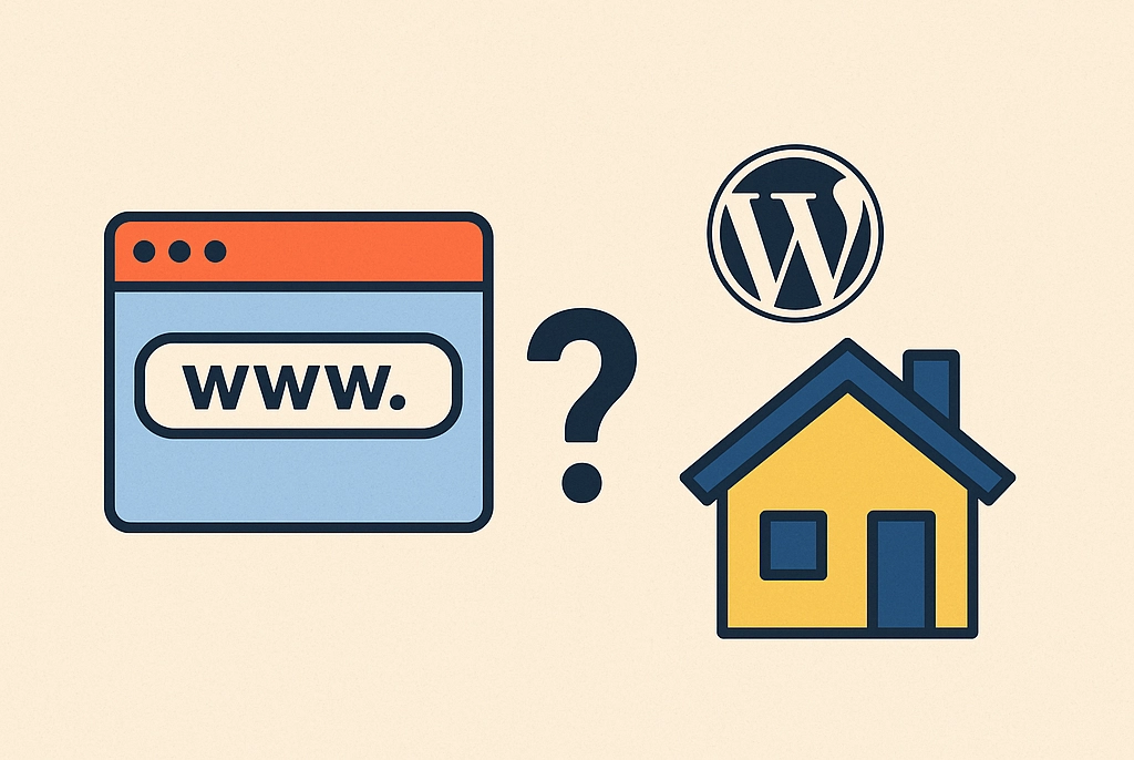 워드프레스 로고와 웹브라우저에 www도메인이 입력된 모양과 호스팅을 상징하는 집 모양의 아이콘