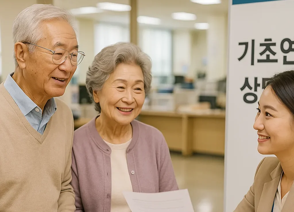 2026년 기초연금 신청을 위해 행정복지센터 창구에서 상담받는 한국 노년 부부