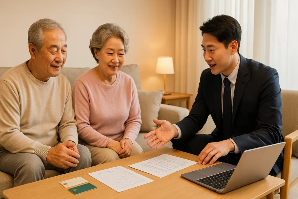 기초연금 찾아뵙는 서비스를 이용해 사회복지 담당자가 노년 부부의 집을 방문해 신청서를 작성해 주는 모습