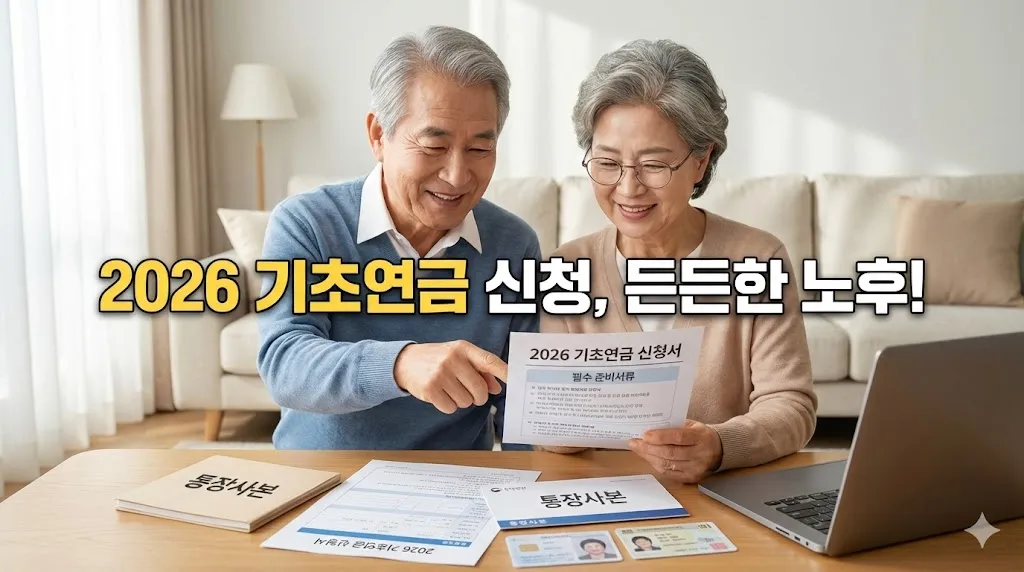 기초연금 신청을 앞두고 신분증, 통장 사본, 임대차계약서를 책상 위에 정리하는 노년층