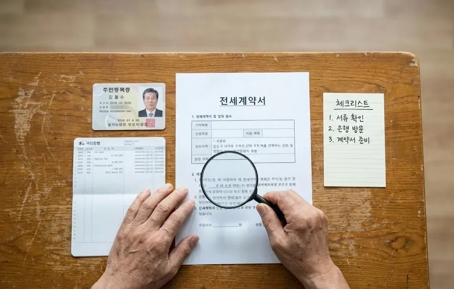 기초연금 신청을 앞두고 신분증, 통장 사본, 임대차계약서를 책상 위에 정리하는 노년층의 손