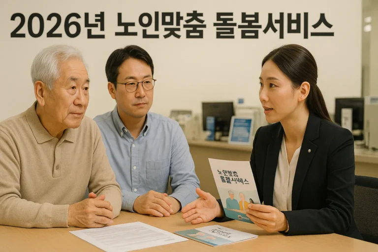 2026년 노인맞춤 돌봄서비스 안내를 받는 한국의 노인과 가족, 상담 테이블에 마주 앉아 설명을 듣는 모습