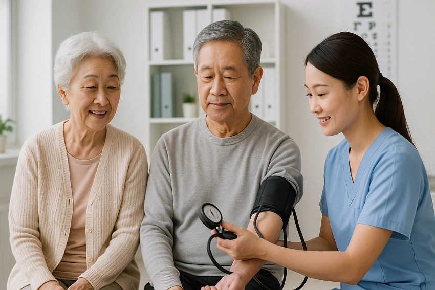 건강검진을 받는 60대 이상 노부부의 모습