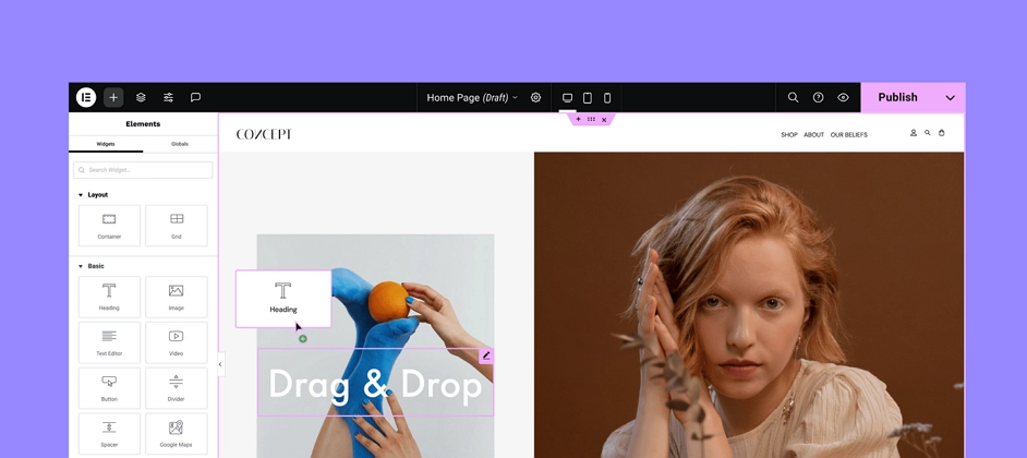 Elementor 편집 화면 예시