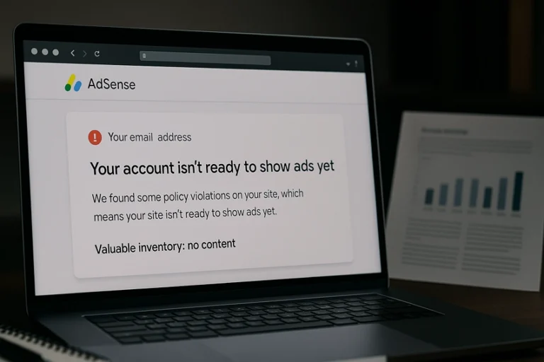 애드센스 심사 거절 메일이 표시된 노트북 화면과 책상 위의 그래프 자료를 보여주는 이미지