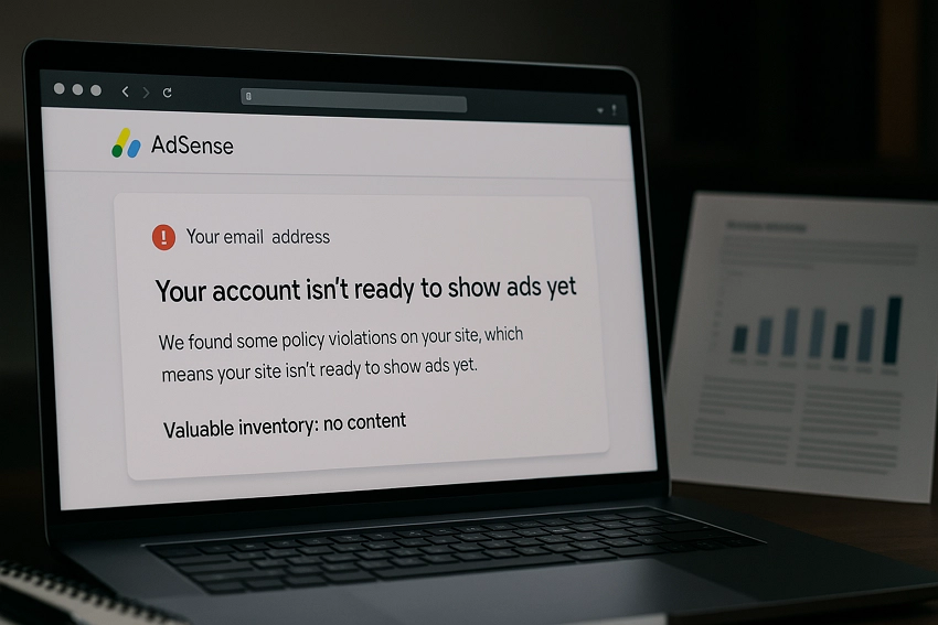 애드센스 심사 거절 메일이 표시된 노트북 화면과 책상 위의 그래프 자료를 보여주는 이미지