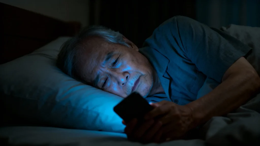 늦은 밤 스마트폰을 보며 잠들지 못하는 한국 노인