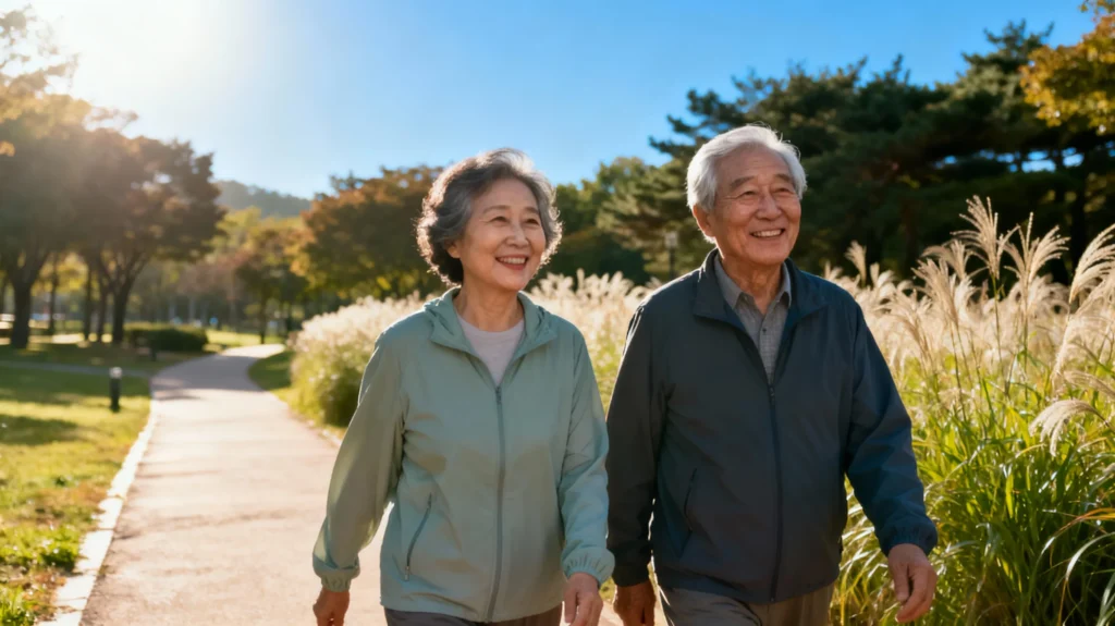 아침 햇빛을 받으며 산책하는 한국 노년 부부