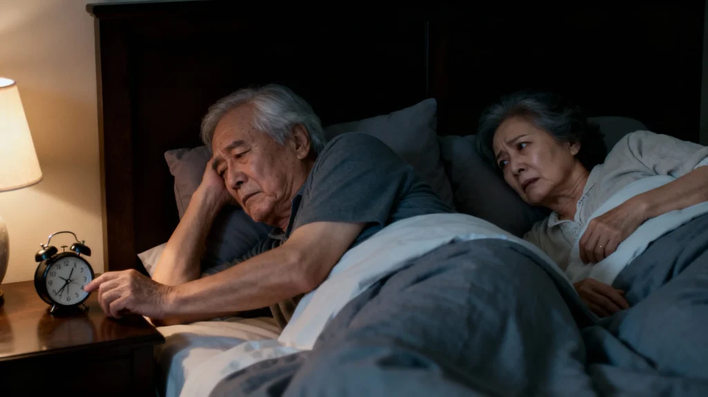 노년기 수면 장애로 잠이 안 와 뒤척이는 한국 노년 부부와 걱정하는 가족의 모습