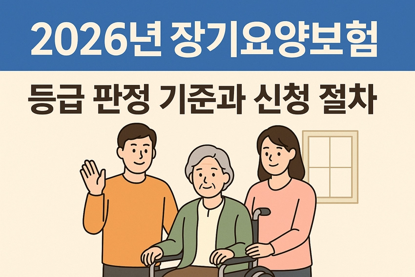 2026년 장기요양보험 등급 판정 기준과 신청 절차를 설명하는 가족 상담 일러스트