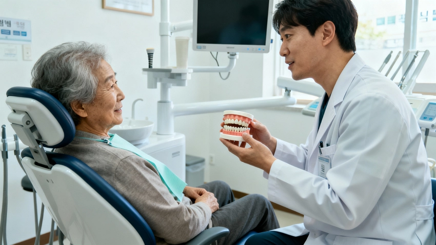 치과에서 노인이 노인틀니 건강보험 혜택에 대해 상담받는 모습