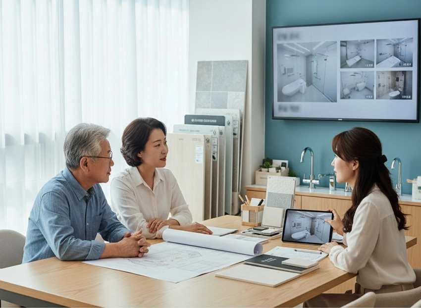 오래된 집에서 집수리 상담을 받는 노인 부부