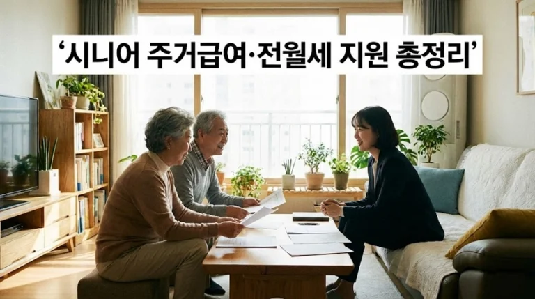 시니어 부부가 아파트 거실에서 주거 지원 상담을 받는 모습