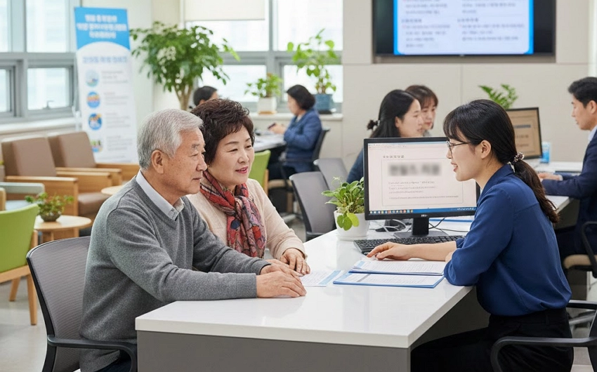 주민센터에서 주거급여 상담을 받는 한국 시니어 부부