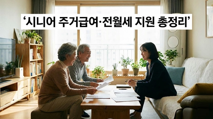 시니어 부부가 아파트 거실에서 주거 지원 상담을 받는 모습