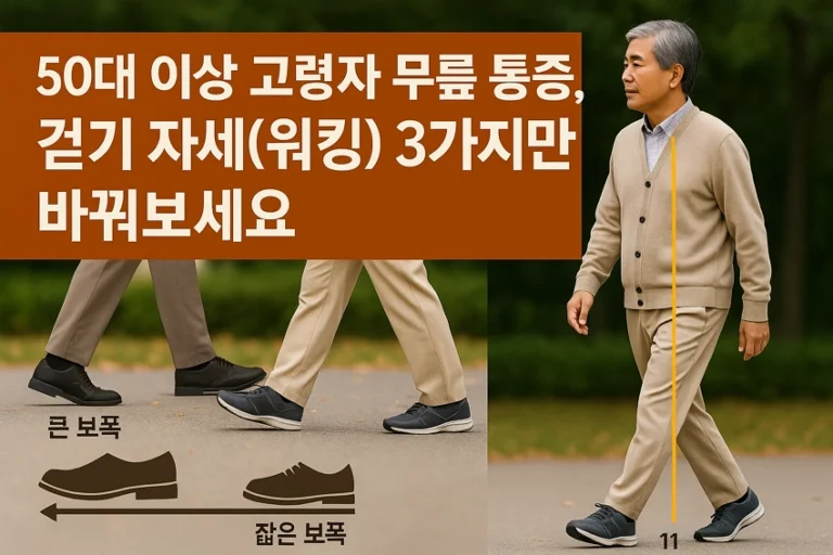 50대 이상 고령자가 올바른 걷기 자세(워킹)로 무릎 통증을 줄이는 방법을 시각적으로 설명하는 썸네일 이미지