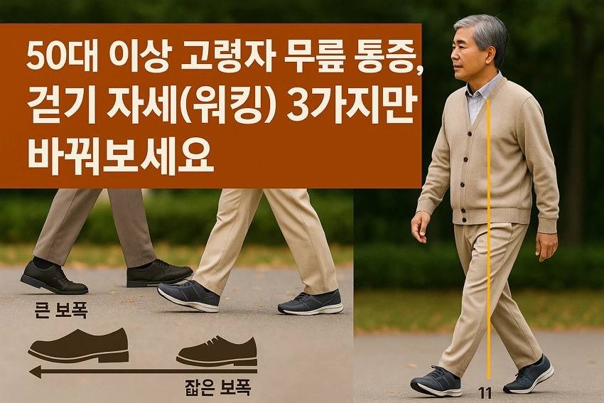 50대 이상 고령자가 올바른 걷기 자세(워킹)로 무릎 통증을 줄이는 방법을 시각적으로 설명하는 썸네일 이미지