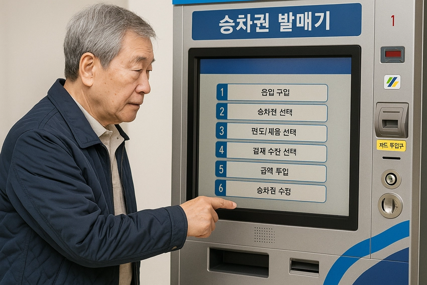 지하철에서 교통카드를 발급 받는어르신