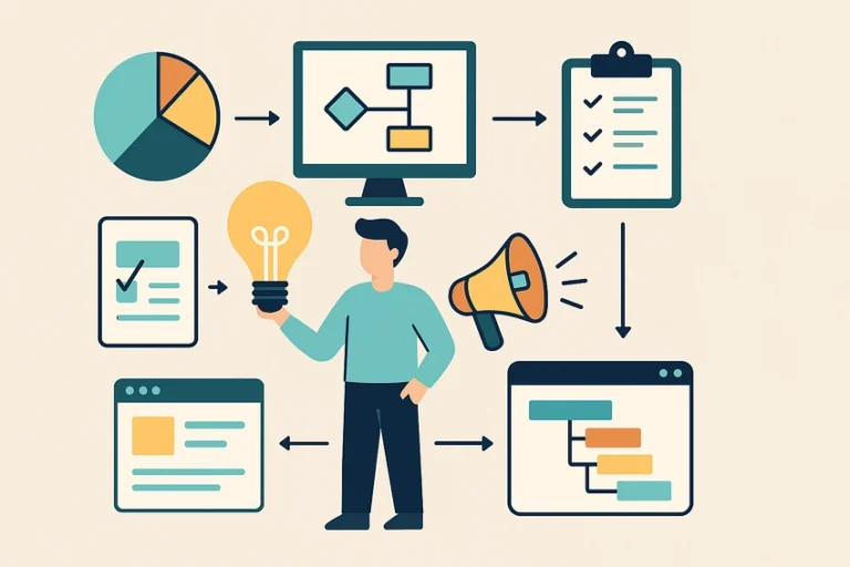 서비스기획자의 핵심 역할을 상징하는 플랫하고 파스텔톤의 인포그래픽 — 조사, 기획, 정책, 프로모션, 프로젝트관리, 운영을 아이콘으로 표현한 이미지