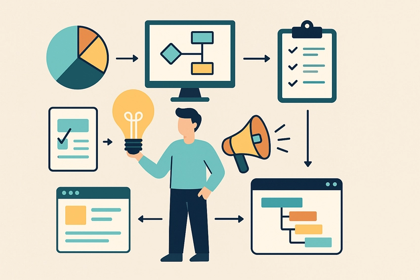 서비스기획자의 핵심 역할을 상징하는 플랫하고 파스텔톤의 인포그래픽 — 조사, 기획, 정책, 프로모션, 프로젝트관리, 운영을 아이콘으로 표현한 이미지