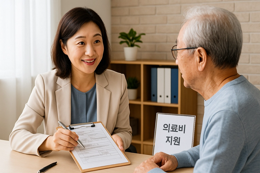 주민센터에서 의료비 지원 상담을 받는 노인과 공무원 모습
