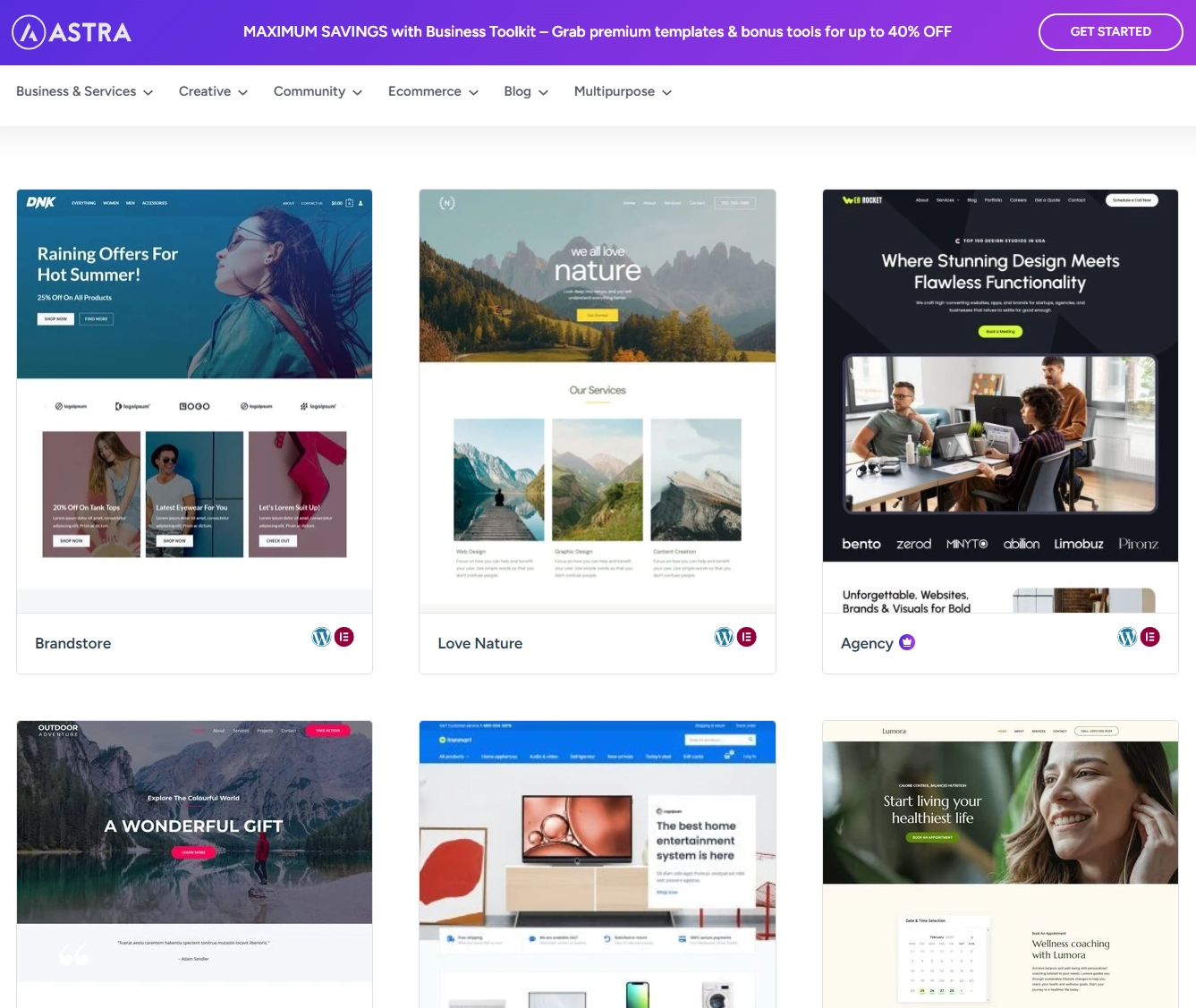Astra 테마 템플릿 라이브러리 예시