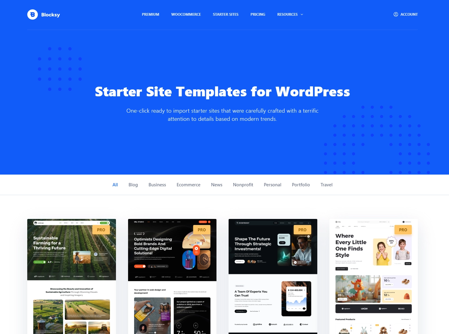 Blocksy 테마의 스타터 템플릿 예시