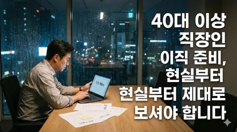 야간 도심이 보이는 회의실에서 이직 계획을 정리하는 40대 직장인