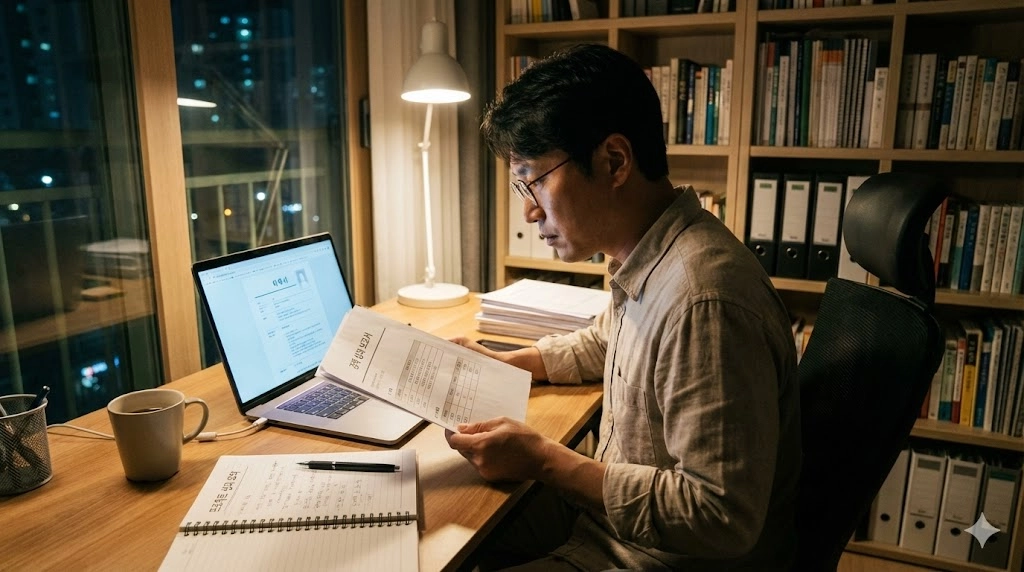 이력서를 검토하며 경력기술서를 수정하는 40대 직장인