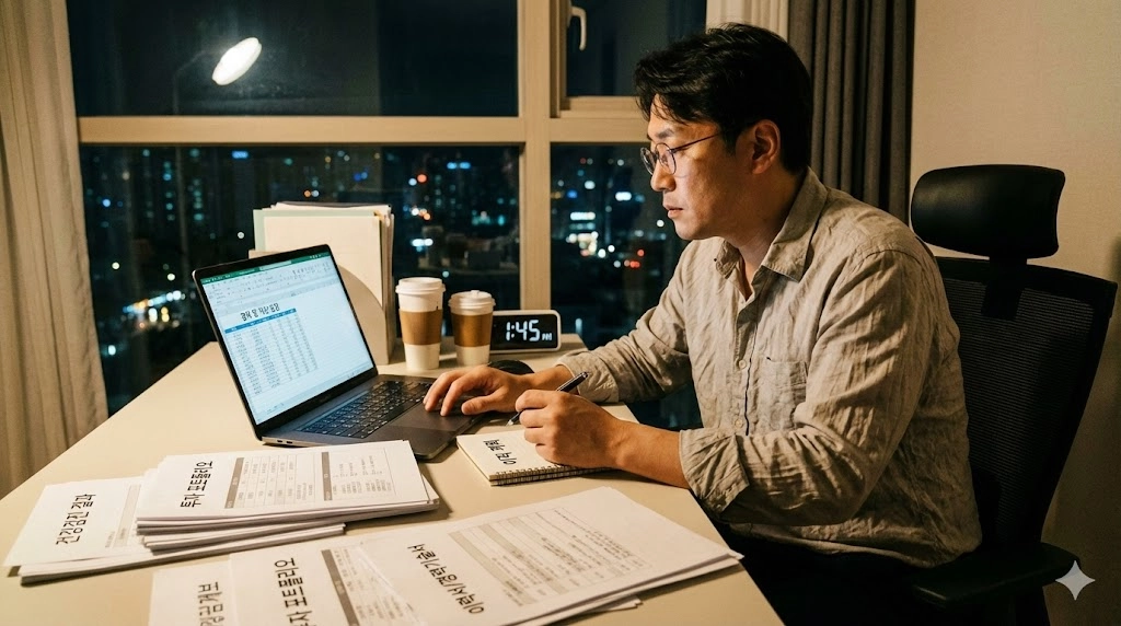 40대 직장인이 노트북과 노트를 펼쳐 이직 체크리스트를 작성하는 모습