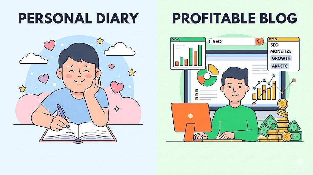 검색 의도를 분석하는 블로거와 일기를 쓰는 블로거의 비교 일러스트