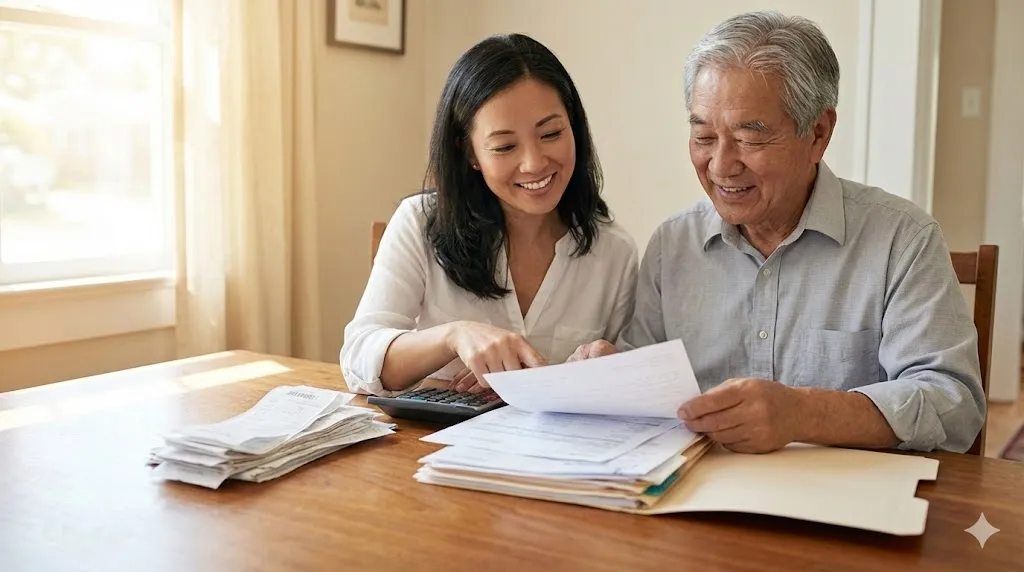 연말정산 서류를 정리하며 공제 설계를 고민하는 시니어 가족의 모습