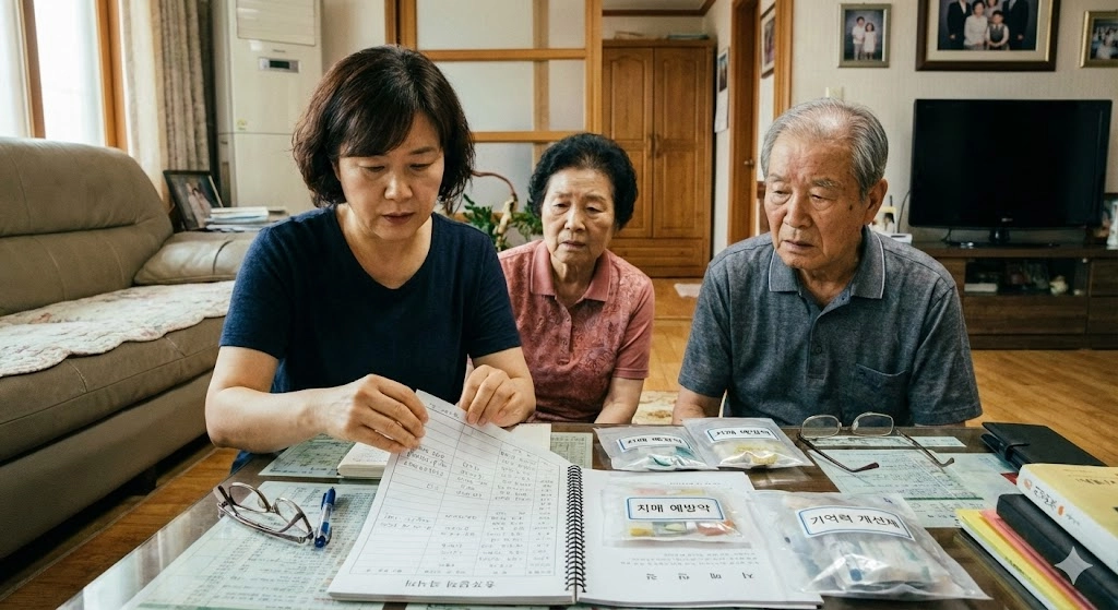 치매 검사를 앞두고 증상 일지와 약 봉투를 정리하는 중년 자녀와 노부모