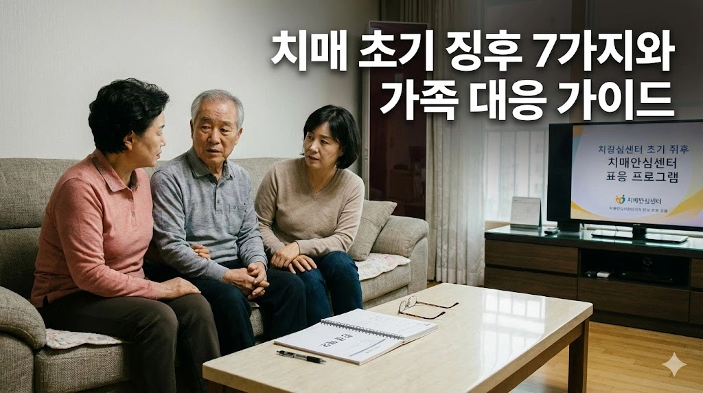 치매 초기 징후로 고민하는 노부모와 가족이 거실에서 대화하는 모습