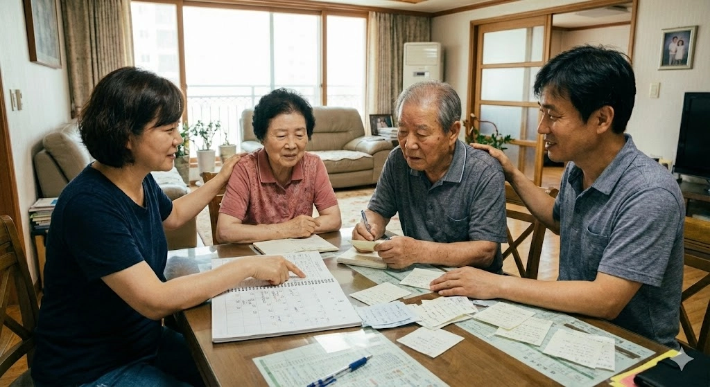 치매 초기 진단 후 돌봄 계획을 상의하는 한국 가족의 모습