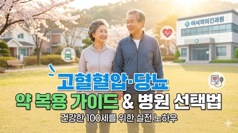 한국인 시니어 모델이 건강하고 밝은 미소를 지으며 산책하는 배경 위로 '고혈압·당뇨 약 완벽 가이드'라는 글자가 강조된 이미지