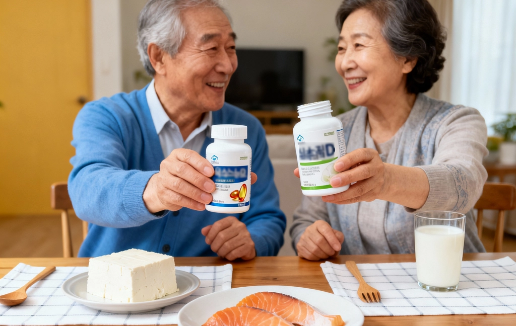 한국 시니어 부부가 식탁에서 칼슘이 풍부한 식사와 오메가3·비타민D 영양제를 함께 살펴보는 모습