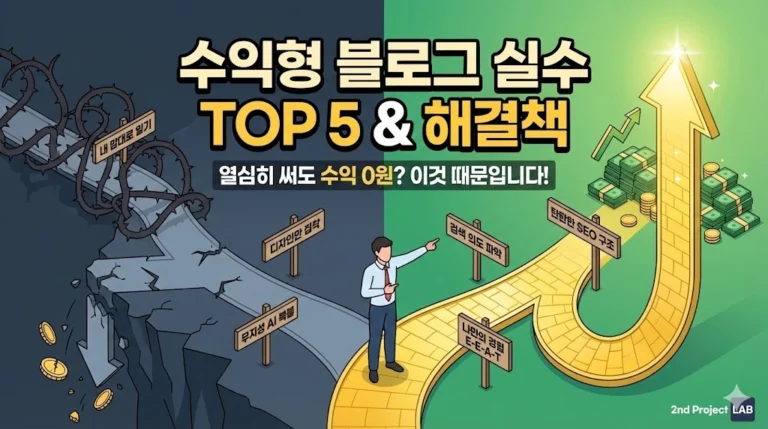 수익형 블로그 실패 원인(일기, 디자인 집착, AI 복붙)과 성공 전략(검색 의도, SEO 구조, E-E-A-T)의 갈림길에 서 있는 남성 일러스트. 썸네일 텍스트: 수익형 블로그 실수 TOP 5 및 해결책.