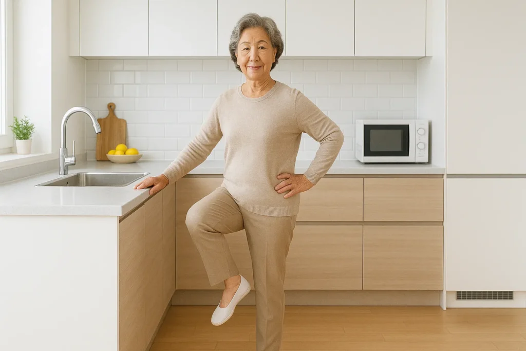 싱크대를 잡고 한 발로 균형 잡는 70대 한국 시니어 여성