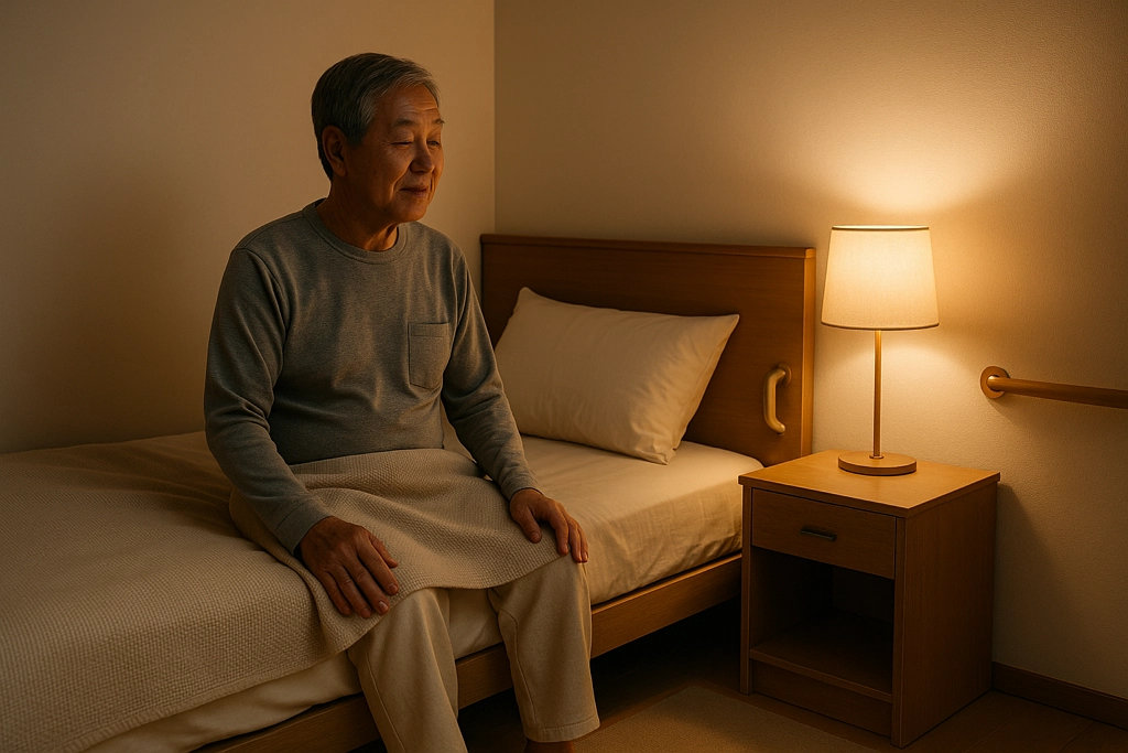 야간 조명과 보조 손잡이가 설치된 70대 어르신 침실