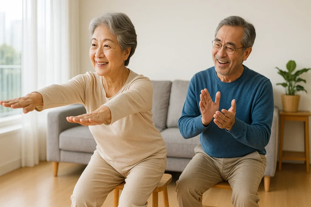 의자에서 일어나며 스쿼트를 하는 70대 한국 시니어 여성