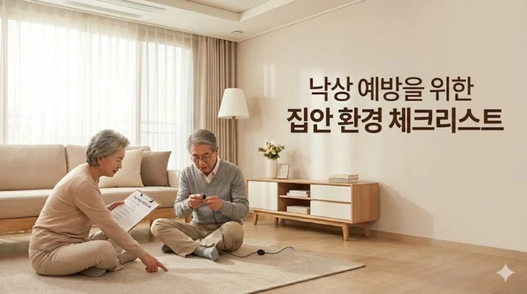 낙상 예방을 위해 집안을 점검하는 70대 한국 노부부와 거실 환경 체크 장면, 안전한 실내 환경 안내 이미지