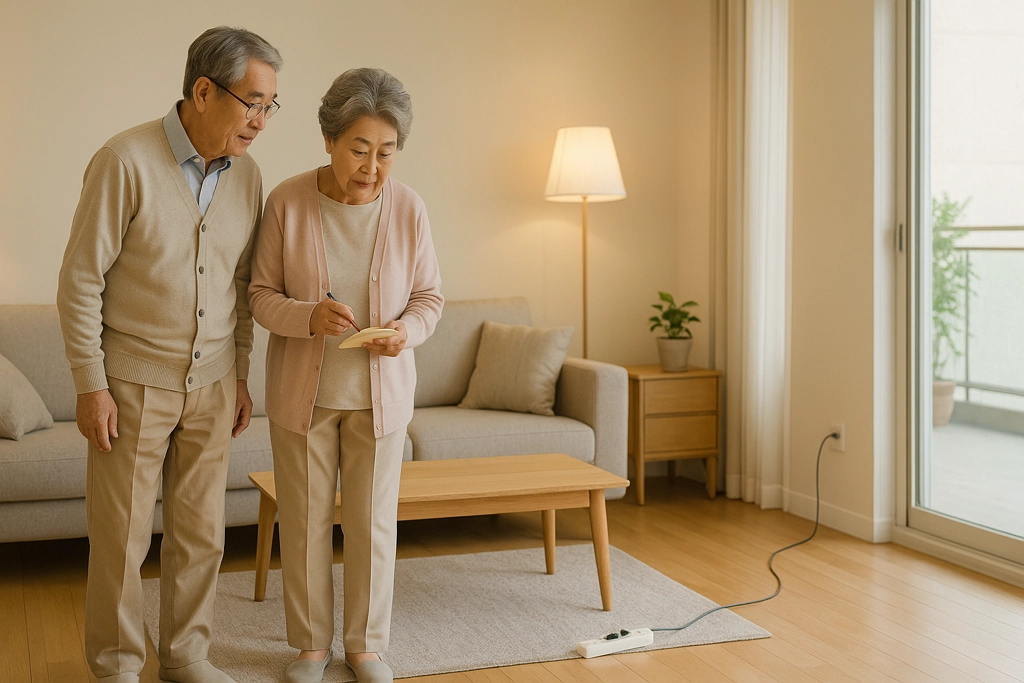 집안 낙상 예방을 위해 체크리스트를 보며 거실을 점검하는 70대 한국 노부부