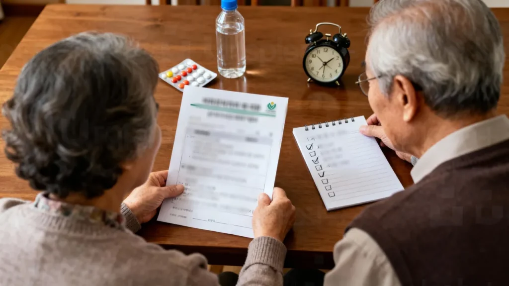 건강검진 전날 체크리스트를 보며 약과 물병, 시계를 준비하는 60~70대 한국 노부부