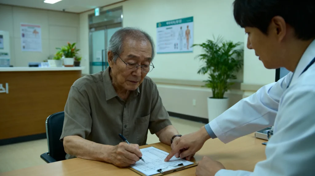 65세 이상 한국 어르신이 병원 건강검진센터에서 문진표를 작성하며 간호사와 상담하는 모습