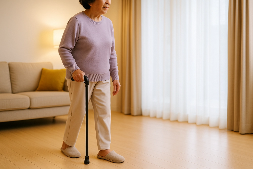 미끄럼 방지 실내화를 신고 지팡이를 사용하는 한국 시니어의 거실 모습
